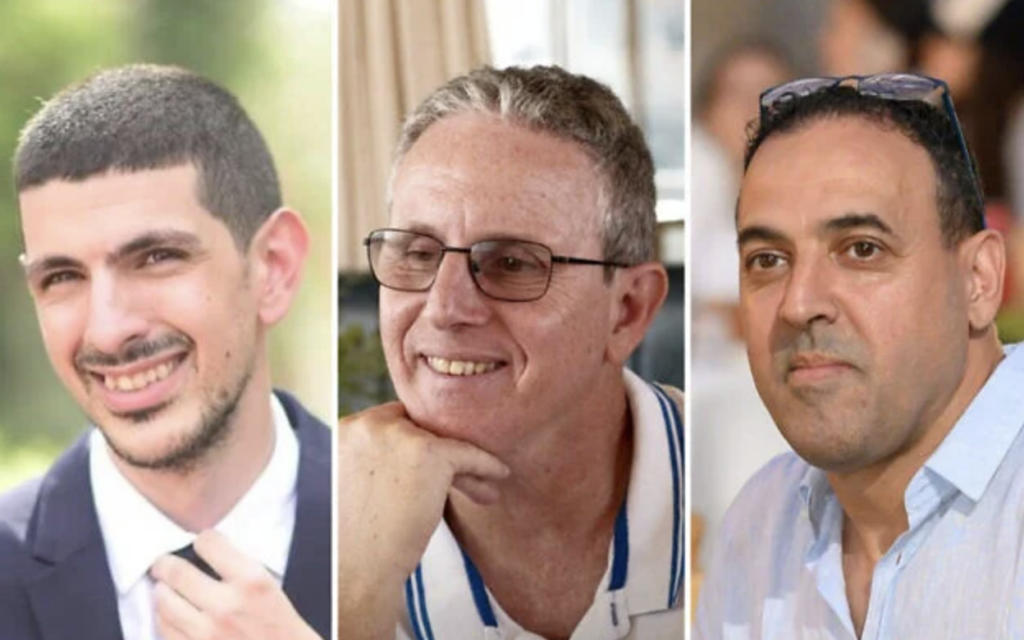Les otages du Hamas (de gauche à droite) Or Levi , Ohad Ben Ami et Eli Sharabi devraient être libérés de Gaza le 8 février 2025 après 491 jours de captivité dans les geôles du groupe terroriste. (Crédit : Autorisation)