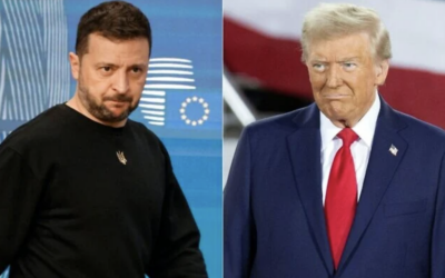 Cette combinaison d'images créée le 7 novembre 2024 montre le président ukrainien Volodymyr Zelensky (à gauche) arrivant pour donner une conférence de presse en marge d'un sommet de l'UE à Bruxelles, le 17 octobre 2024, et l'ancien président américain et candidat républicain à la présidentielle Donald Trump (à gauche) arrivant pour prendre la parole lors d'un rassemblement de campagne à la J.S. Dorton Arena à Raleigh, en Caroline du Nord, le 4 novembre 2024 (Crédits : Ludovic MARIN et Ryan M. Kelly / AFP)