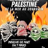 Visuel d'appel à manifester du collectif « Urgence Palestine » et de l'organisation Samidoun, publié par « Urgence Palestine », le 25 février 2025. (Crédit : Instagram/Urgence Palestine ; utilisée conformément à l'article 27a de la loi sur le droit d'auteur)