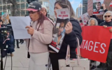 L'ex-otage Ilana Gritzewsky, petite amie de l'otage Matan Zangauker, s'exprime lors d'un rassemblement devant la Maison Blanche, le 4 février 2025. (Capture d'écran X / @lizarozovsky)