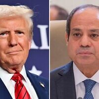 Le président américain Donald Trump, au Trump National Doral Miami, le 27 janvier 2025 ; le président égyptien Abdel-Fattah el-Sissi, au sommet extraordinaire conjoint des dirigeants de l'Organisation de la coopération islamique (OCI) et de la Ligue arabe, à Ryad, le 11 novembre 2024. (Crédit : Mandel Ngan/AFP ; SPA/AFP)