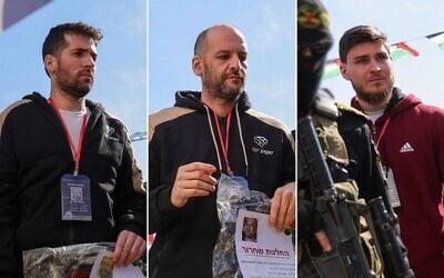 De gauche à droite : Les ex-otages Sagui Dekel Chen, Yaïr Horn et Sasha Trufanov lors de leur libération de captivité des geôles du Hamas, à Khan Younès, dans la bande de Gaza, le 15 février 2025. (Crédit : Bashar Taleb/AFP)