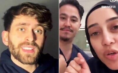 Capture d'écran d'une vidéo non datée de  l'influenceur israélien Max Veifer (à gaucher) lors d'une conversation avec deux infirmiers d'un hôpital de Sydney, en Australie. (Capture d'écran X / utilisée conformément à l'article 27a de la loi sur le droit d'auteur)
