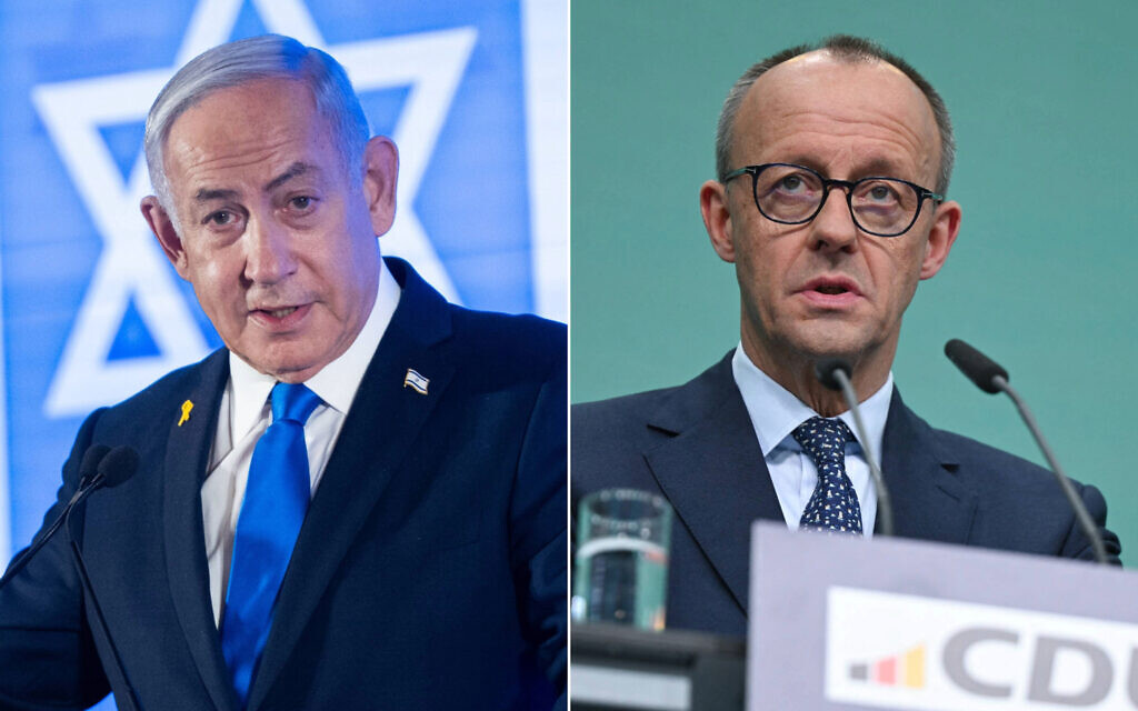A gauche, le Premier ministre Benjamin Netanyahu assiste à une conférence de la CoP à Jérusalem, le 16 février 2025. (Crédit : Chaim Goldberg/Flash90) D : Le leader et principal candidat à la chancellerie de l'Union chrétienne-démocrate (CDU) allemande, Friedrich Merz, lors d'une conférence de presse au siège due son parti à Berlin, le 24 février 2025, (Crédit : Ina Fassbender/AFP) A gauche, le Premier ministre Benjamin Netanyahu assiste à une conférence de la CoP à Jérusalem, le 16 février 2025. (Crédit : Chaim Goldberg/Flash90) D : Le leader et principal candidat à la chancellerie de l'Union chrétienne-démocrate (CDU) allemande, Friedrich Merz, lors d'une conférence de presse au siège due son parti à Berlin, le 24 février 2025, (Crédit : Ina Fassbender/AFP)