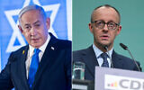 A gauche, le Premier ministre Benjamin Netanyahu assiste à une conférence de la CoP à Jérusalem, le 16 février 2025. (Crédit : Chaim Goldberg/Flash90) D : Le leader et principal candidat à la chancellerie de l'Union chrétienne-démocrate (CDU) allemande, Friedrich Merz, lors d'une conférence de presse  au siège due son parti à Berlin, le 24 février 2025, (Crédit : Ina Fassbender/AFP)