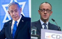A gauche, le Premier ministre Benjamin Netanyahu assiste à une conférence de la CoP à Jérusalem, le 16 février 2025. (Crédit : Chaim Goldberg/Flash90) D : Le leader et principal candidat à la chancellerie de l'Union chrétienne-démocrate (CDU) allemande, Friedrich Merz, lors d'une conférence de presse  au siège due son parti à Berlin, le 24 février 2025, (Crédit : Ina Fassbender/AFP)