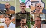 Rangée du haut, de gauche à droite : Les otages libérés Eli Sharabi, Or Levy et Ohad Ben Ami sur une estrade montée par le Hamas, à Deir el-Balah, au centre de Gaza, avant que le groupe terroriste ne les remette à la Croix-Rouge, le 8 février 2025. En bas, les trois Israéliens tels qu'ils étaient avant d'être enlevés. (Crédit : Eyad Baba/AFP)