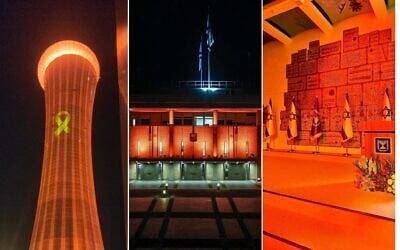 De gauche à droite : la tour de contrôle de l'aéroport Ben Gurion près de Tel Aviv (Instagram), la Knesset à Jérusalem (Dani Shem Tov/porte-parole de la Knesset) et la résidence du président à Jérusalem (porte-parole de la résidence du président), toutes illuminées en orange en l'honneur de Shiri Bibas et de ses fils Ariel, 4 ans, et Kfir, bébé, qui ont été assassinés alors qu'ils étaient détenus par le Hamas et qui seront inhumés en Israël le 26 février 2025.