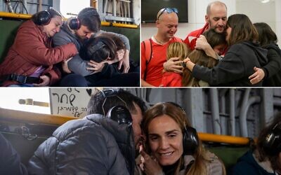 De gauche à droite : l'otage libéré Sasha Trufanov, au centre, embrasse sa mère Yelena, à gauche, et sa petite amie Sapir Cohen dans un hélicoptère de l'armée de l'air israélienne sur le chemin de la zone frontalière de Gaza au centre médical Sheba-Tel Hashomer près de Tel Aviv, le 15 février 2025. (Armée israélienne) ; L'otage récemment libéré Yaïr Horn (au centre) retrouve ses proches au centre médical de Tel Aviv Sourasky. (Ma'ayon Toaf / GPO) ; L'otage libéré Sagui Dekel-Chen vu avec sa femme Avital à bord d'un hélicoptère de Tsahal. (Armée israélienne)