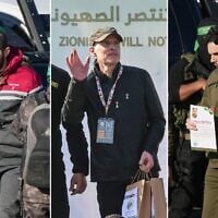 De gauche à droite : les otages Yarden Bibas, Keith Siegel et Ofer Calderon relâchés par le Hamas le 1er février 2025. (Crédit : Abdel Kareem/Omar Al-Qattaa/AFP)