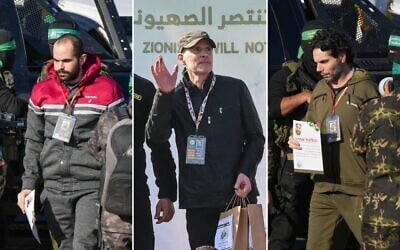 De gauche à droite : les otages Yarden Bibas, Keith Siegel et Ofer Calderon relâchés par le Hamas le 1er février 2025. (Crédit : Abdel Kareem/Omar Al-Qattaa/AFP)