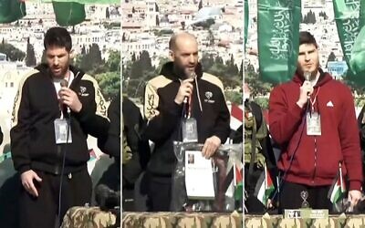 De gauche à droite : les otages israéliens Sagui Dekel-Chen, Yaïr Horn et Sasha Troufanov, sur une scène installée par le Hamas lors de leur libération, à Khan Younès, dans le sud de la bande de Gaza, le 15 février 2025. (Crédit : Capture d'écran)
