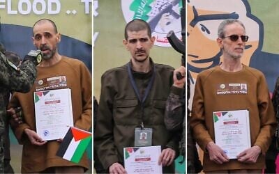 De gauche à droite : Eli Sharabi, Or Levy et Ohad Ben Ami sur une estrade installée par le Hamas à Deir el-Balah, au centre de Gaza, avant que le groupe terroriste ne les remette à la Croix-Rouge, le 8 février 2025. (Crédit : Eyad Baba/AFP)