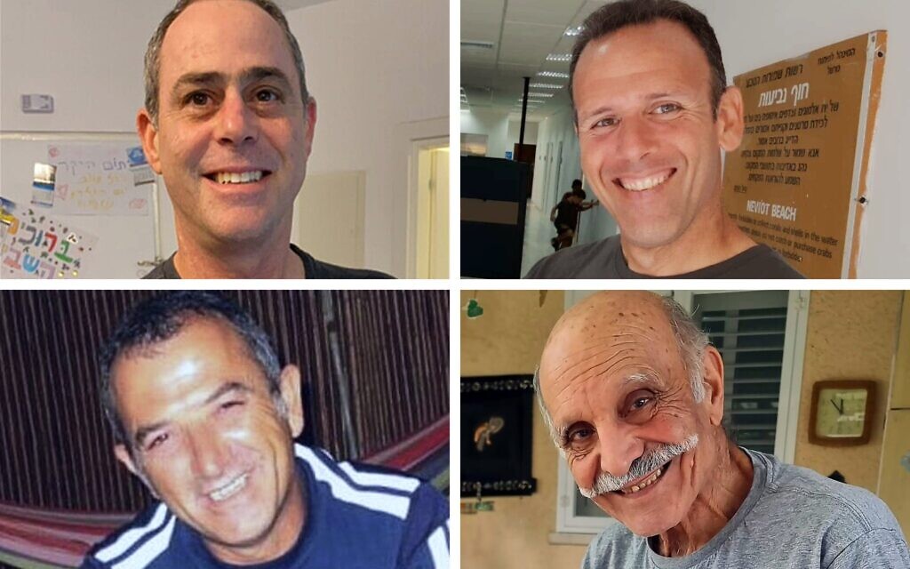 (De haut en bas, de gauche à droite) Les otages Tsahi Idan, Ohad Yahalomi, Itzik Elgarat et Shlomo Mantzur. (Autorisation)