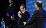 Le président Isaac Herzog s'exprime lors de la conférence du groupe B'Sheva à Jérusalem, le 24 février 2025. (Crédit : Maayan Toaf/GPO)