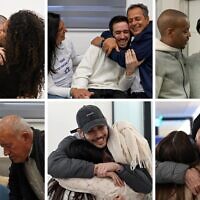 Les six otages libérés le 22 février 2025 retrouvent leurs familles. Rangée supérieure à partir de la gauche : Omer Wenkert, Omer Shem Tov, Avera Mengistu. Rangée inférieure à partir de la gauche : Hisham al-Sayed, Eliya Cohen, Tal Shoham. (Armée israélienne)