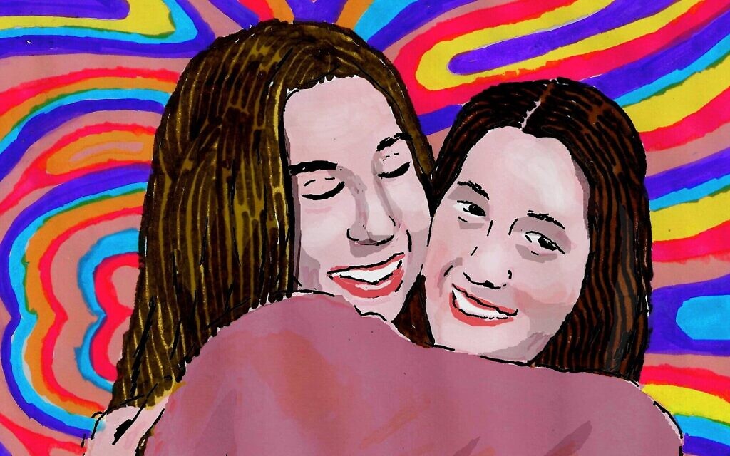 Naama et Ayelet, une des cartes postales quotidiennes de Zeev Engelmayer, utilisée dans le clip animé "A Sudden Cry" ("Un cri soudain"), lancé le 29 janvier 2025. (Crédit : Autorisation)