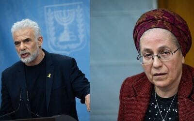 Photos combinées du chef de l'opposition Yair Lapid (à gauche) à la Knesset, à Jérusalem, le 17 février 2025, et de la ministre des Implantations et des projets nationaux Orit Strouk à la Knesset, à Jérusalem, le 27 janvier 2025. (Crédit : Yonatan Sindel/Chaim Goldberg/Flash90)