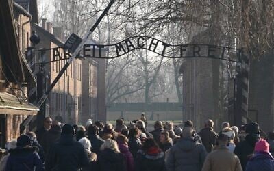 Des visiteurs passent sous la porte principale ornée de l'inscription « Arbeit macht frei » à l'entrée du camp d'extermination nazi d'Auschwitz, à Oswiecim, en Pologne, le 5 décembre 2019. (Crédit : JANEK SKARZYNSKI / AFP)
