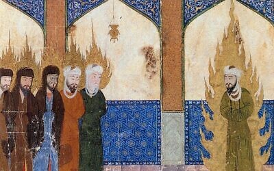 Mahomet conduit Abraham, Moïse, Jésus et d'autres dans la prière. Miniature persane, 15e siècle. (Crédit : Domaine public)