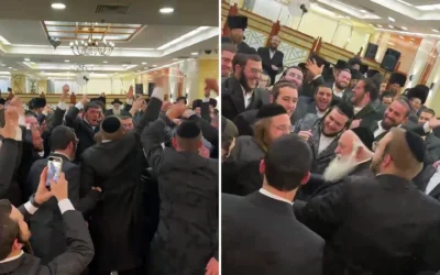 Le ministre du Logement Yitzchak Goldknopf danse avec d'autres invités au mariage de son neveu, le 23 mars 2025. (Capture d'écran : X ; utilisée conformément à l'article 27a de la loi sur le droit d'auteur)