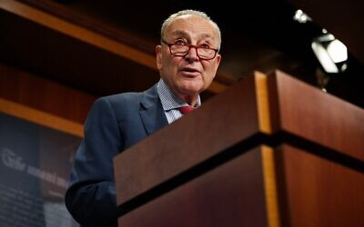 Le chef de la minorité au Sénat américain, Chuck Schumer, s'adressant à la presse au Capitole, à Washington, le 6 mars 2025. (Crédit : Kayla Bartkowski/Getty Images/AFP)