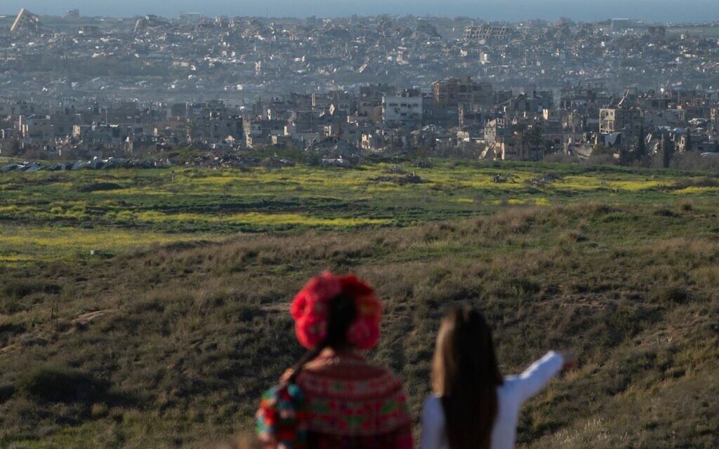 Les bâtiments détruits dans la bande de Gaza, vus depuis le sud d'Israël, le 2 mars 2025. (Crédit : AP/Leo Correa)