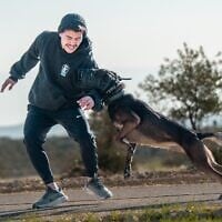Un dresseur d'Israel Protection K9 avec l'un des chiens de la société. (Crédit : Autorisation)