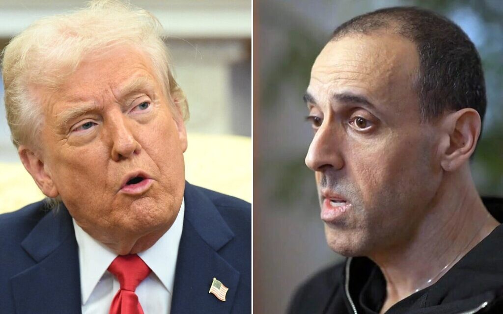 (À gauche) Le président américain Donald Trump dans le bureau ovale de la Maison Blanche à Washington, DC, le 28 février 2025 (SAUL LOEB / AFP) ; (À droite) Eli Sharabi est interviewé dans l'émission « Uvda » de N12, dans une séquence diffusée le 27 février 2025. (Capture d'écran / N12)