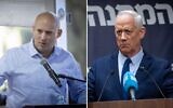 De gauche à droite : L'ancien Premier ministre Naftali Bennett lors d'une commémoration au cimetière militaire du mont Herzl, à Jérusalem, le 25 décembre 2024 ; le chef du parti HaMahane HaMamlahti, Benny Gantz, dirigeant une réunion de faction, à la Knesset le 24 mars 2025. (Crédit : Chaïm Goldberg/Flash90 ; Yonatan Sindel/Flash90)
