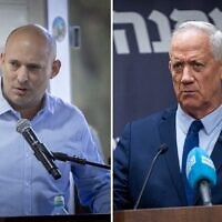 De gauche à droite : L'ancien Premier ministre Naftali Bennett lors d'une commémoration au cimetière militaire du mont Herzl, à Jérusalem, le 25 décembre 2024 ; le chef du parti HaMahane HaMamlahti, Benny Gantz, dirigeant une réunion de faction, à la Knesset le 24 mars 2025. (Crédit : Chaïm Goldberg/Flash90 ; Yonatan Sindel/Flash90)