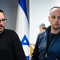 À gauche : Yonatan Urich, conseiller de Benjamin Netanyahu, à Tel Aviv, le 3 octobre 2022 ; à droite : Eli Feldstein arrivant pour une audience au tribunal de Tel Aviv, le 11 mars 2025. (Crédit : Avshalom Sassoni/Flash90 ; Yehoshua Yosef/Flash90)