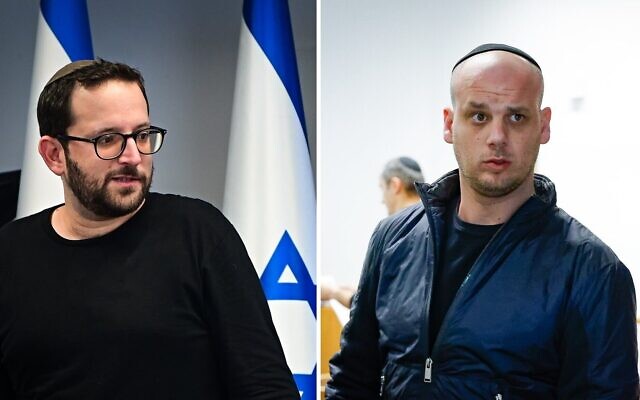 À gauche : Yonatan Urich, conseiller de Benjamin Netanyahu, à Tel Aviv, le 3 octobre 2022 ; à droite : Eli Feldstein arrivant pour une audience au tribunal de Tel Aviv, le 11 mars 2025. (Crédit : Avshalom Sassoni/Flash90 ; Yehoshua Yosef/Flash90) À gauche : Yonatan Urich, conseiller de Benjamin Netanyahu, à Tel Aviv, le 3 octobre 2022 ; à droite : Eli Feldstein arrivant pour une audience au tribunal de Tel Aviv, le 11 mars 2025. (Crédit : Avshalom Sassoni/Flash90 ; Yehoshua Yosef/Flash90)