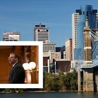 La ligne d'horizon de Cincinnati ; en médaillon : le rabbin Ari Jun. (Crédit : Getty Images via JTA ; Autorisation)