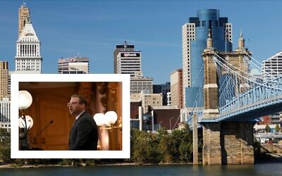 La ligne d'horizon de Cincinnati ; en médaillon : le rabbin Ari Jun. (Crédit : Getty Images via JTA ; Autorisation)