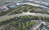 Une projection d'architecte d'un parc en cours de construction au milieu d'un marais salé à l'endroit où la rivière Kishon se jette dans la mer, qui fait partie des plans pour la réhabilitation de la baie de Haïfa, dans le nord d'Israël. (Autorité de la rivière Kishon)