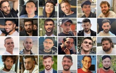 Les 24 otages présumés vivants toujours détenus par le Hamas : Première rangée, de gauche à droite : Elkana Bohbot, Matan Angrest, Edan Alexander, Avinatan Or, Yosef-Haim Ohana, Alon Ohel. Deuxième rangée, de gauche à droite : Evyatar David, Guy Gilboa-Dalal, Bipin Joshi, Rom Braslavski, Ziv Berman, Gali Berman. Troisième rangée, de gauche à droite : Omri Miran, Eitan Mor, Segev Kalfon, Nimrod Cohen, Maxim Herkin, Eitan Horn. Rangée du bas, de gauche à droite : Matan Zangauker, Bar Kupershtein, David Cunio, Ariel Cunio, Tamir Nimrodi, Pinta Nattapong. (Crédit : Forum des familles d'otages)