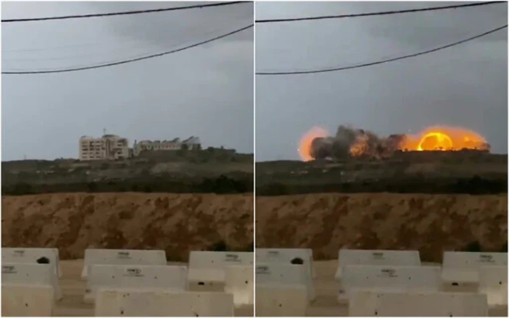L'armée israélienne faisant exploser l'hôpital de l'amitié turco-palestinienne, dans le centre de la bande de Gaza, dans une vidéo diffusée sur les réseaux sociaux le 21 mars 2025. (Crédit : Capture d'écran/X ; utilisée conformément à l'article 27a de la loi sur les droits d'auteur)