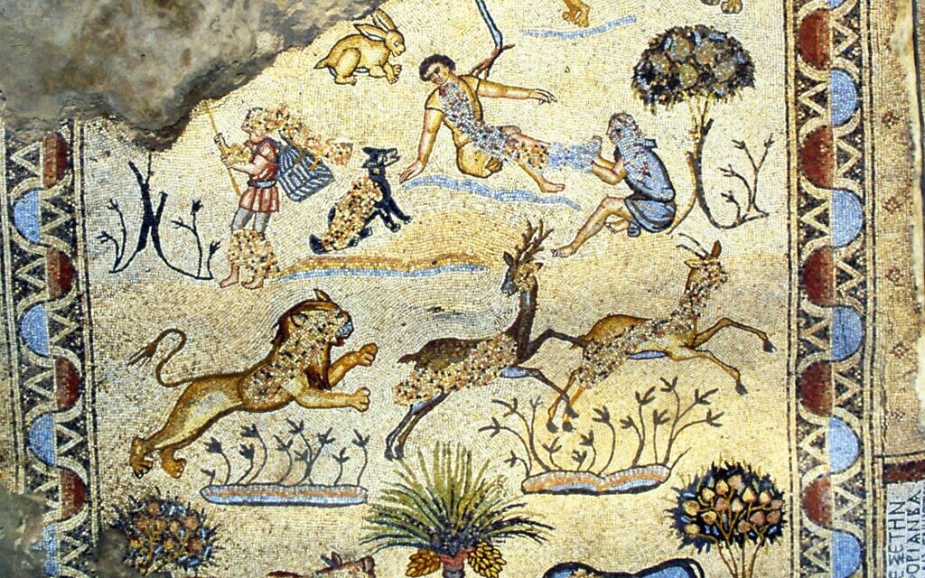 Détail d'une mosaïque byzantine provenant d'un site archéologique de Jabaliyah (bande de Gaza). L'artefact est exposé dans le cadre de l'exposition « Rescued Treasures of Gaza : 5000 Years of History » à l'Institut du Monde Arabe à Paris, du 3 avril au 2 novembre 2025. (Crédit : J.B. Humbert)