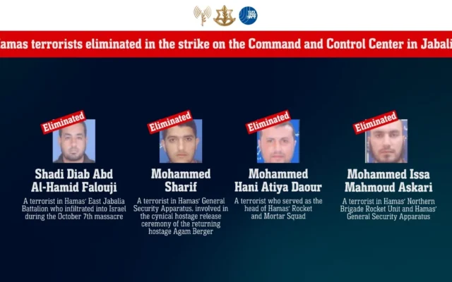 Quatre terroristes du Hamas éliminés par Tsahal lors d'une frappe aérienne sur Jabaliya à Gaza, le 2 avril 2025. (Crédit : Tsahal) Quatre terroristes du Hamas éliminés par Tsahal lors d'une frappe aérienne sur Jabaliya à Gaza, le 2 avril 2025. (Crédit : Tsahal)