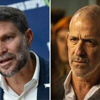 (De gauche à droite) Le ministre des Finances Bezalel Smotrich dirige une réunion de son parti HaTzionout HaDatit à la Knesset à Jérusalem, le 10 février 2025. (Yonatan Sindel/Flash90) ; Ronen Bar, chef du service de sécurité Shin Bet, assiste à une cérémonie organisée au musée de la Shoah Yad Vashem à Jérusalem, à l'occasion de la journée de commémoration de la Shoah, le 5 mai 2024. (Chaim Goldberg/Flash90)
