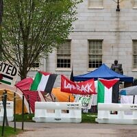 Des tentes et des pancartes recouvrant le Harvard Yard près de la statue de John Harvard lors du campement anti-Israël, à l'Université Harvard de Cambridge, dans le Massachusetts, le 5 mai 2024. (Crédit : Joseph Prezioso/AFP)