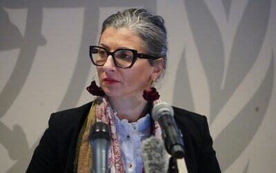 Le rapporteur spécial des Nations unies sur la situation des droits de l'homme dans les territoires palestiniens, Francesca Albanese, tenant une conférence de presse, à l'ONU, à Copenhague, au Danemark, le 5 février 2025 (Crédit : James Brooks/AFP)