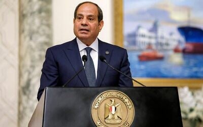 Le président égyptien Abdel Fattah al-Sissi s'exprimant lors d'une conférence de presse après sa rencontre avec le président français, au palais présidentiel du Caire, en Égypte, le 7 avril 2025. (Crédit : Ludovic Marin/Pool/AFP)