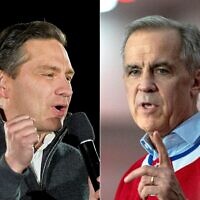 De gauche à droite : Le chef conservateur canadien Pierre Poilievre, près d'Ottawa, en Ontario, le 27 avril 2025 ; le Premier ministre canadien Mark Carney, chef du Parti libéral, à Laval, au Québec, le 22 avril 2025. (Crédit : Geoff Robins ; Andréj Ivanov/AFP)