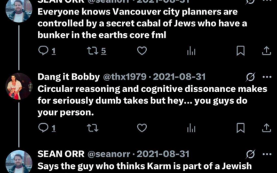 Capture d'écran de l'échange sur Twitter qui vaut aujourd’hui à Sean Orr, récemment élu conseiller municipal à Vancouver, des accusations d’antisémitisme. (Crédit : X.com)