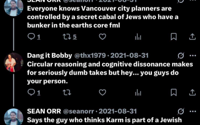 Capture d'écran de l'échange sur Twitter qui vaut aujourd’hui à Sean Orr, récemment élu conseiller municipal à Vancouver, des accusations d’antisémitisme. (Crédit : X.com) Capture d'écran de l'échange sur Twitter qui vaut aujourd’hui à Sean Orr, récemment élu conseiller municipal à Vancouver, des accusations d’antisémitisme. (Crédit : X.com)