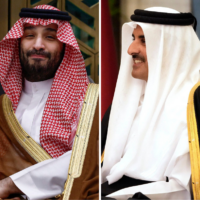 (À gauche) Le prince héritier saoudien Mohammed ben Salmane rencontre le secrétaire d'État américain Antony Blinken (non représenté) à Djeddah, en Arabie saoudite, le 20 mars 2024. (Crédit : Evelyn Hockstein / Pool / AFP) ; (À droite) L'émir du Qatar, Tamim ben Hamad al-Thani, rencontrant le secrétaire d'État américain Antony Blinken, au palais de Lusail, à Doha, au Qatar, le 6 février 2024. (Crédit : Mark Schiefelbein/AP)