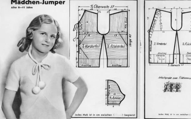 Modèle de pull pour fille tiré du livre allemand de tricot et crochet des années 1930 « Strick und Hakel Lehrbuch » (Crédit : Archives personnelles de Luch Adlington)
