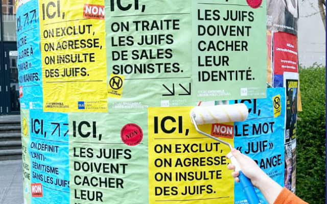 Publication de l'Union des étudiants juifs de Belgique (UEJB) dénonçant l'arrachage des affiches de sa campagne de lutte contre l'antisémitisme, sur le campus de l'Université libre de Belgique, le 18 avril 2025. (Crédit : Facebook / UEJB / utilisée conformément à l'article 27a de la loi sur le droit d'auteur)